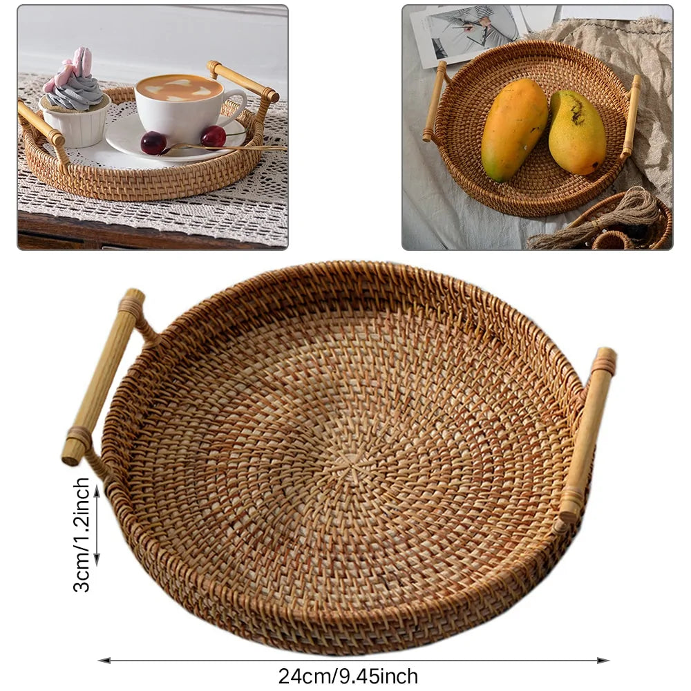 Handwoven Rattan Round Serving Tray with High Walls and Handles