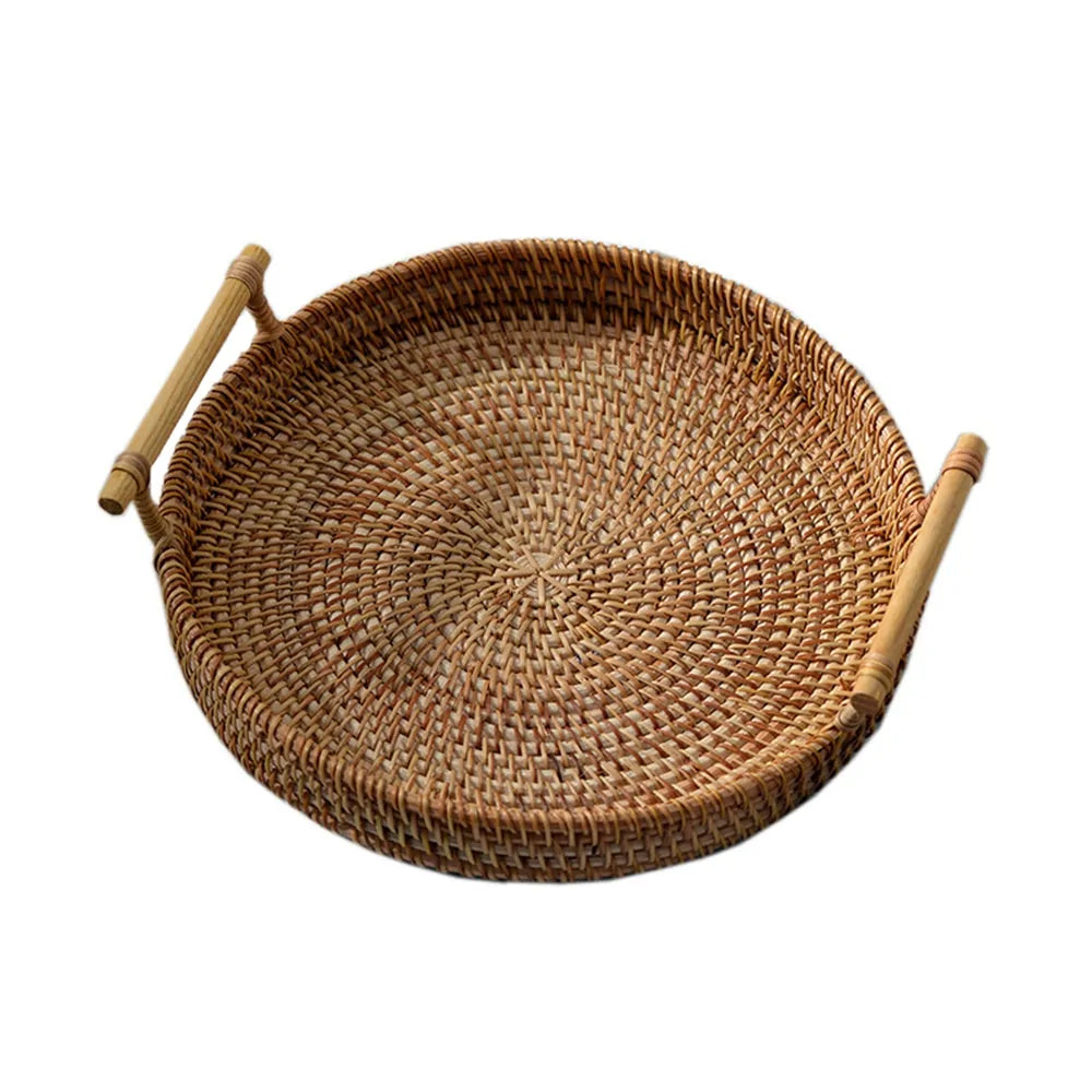 Handwoven Rattan Round Serving Tray with High Walls and Handles