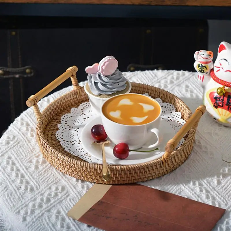 Handwoven Rattan Round Serving Tray with High Walls and Handles