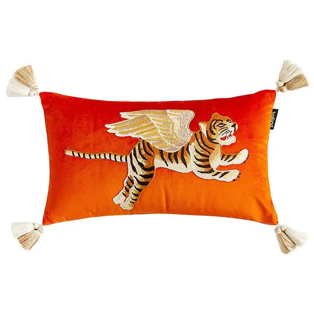 Retro Velvet Flying Tiger Embroidery Cushion Cover