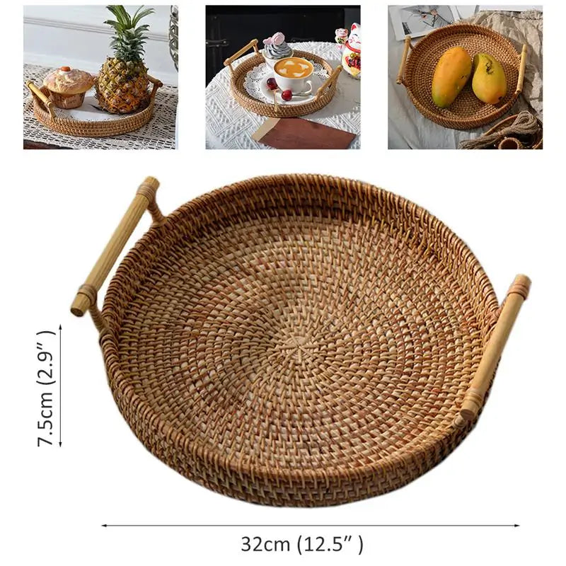 Handwoven Rattan Round Serving Tray with High Walls and Handles